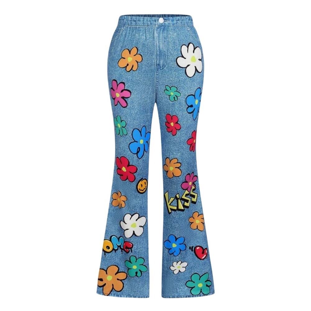 Girls Floral Printed Graphic Flare Leggings in Blue, Size 11Y